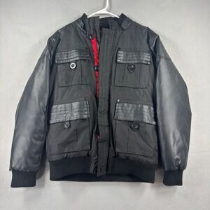 Yoki‎ New York Mens Mixed Media Bomber Jacket Black Faux Leather Sleeves Medium